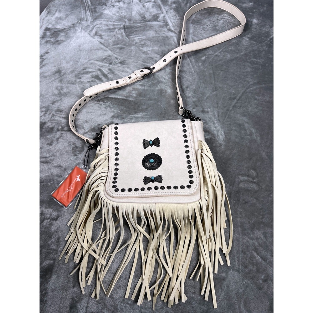 Montana West Crossbody Fringe Bag Cream Turquoise Studded Western Concho NWT